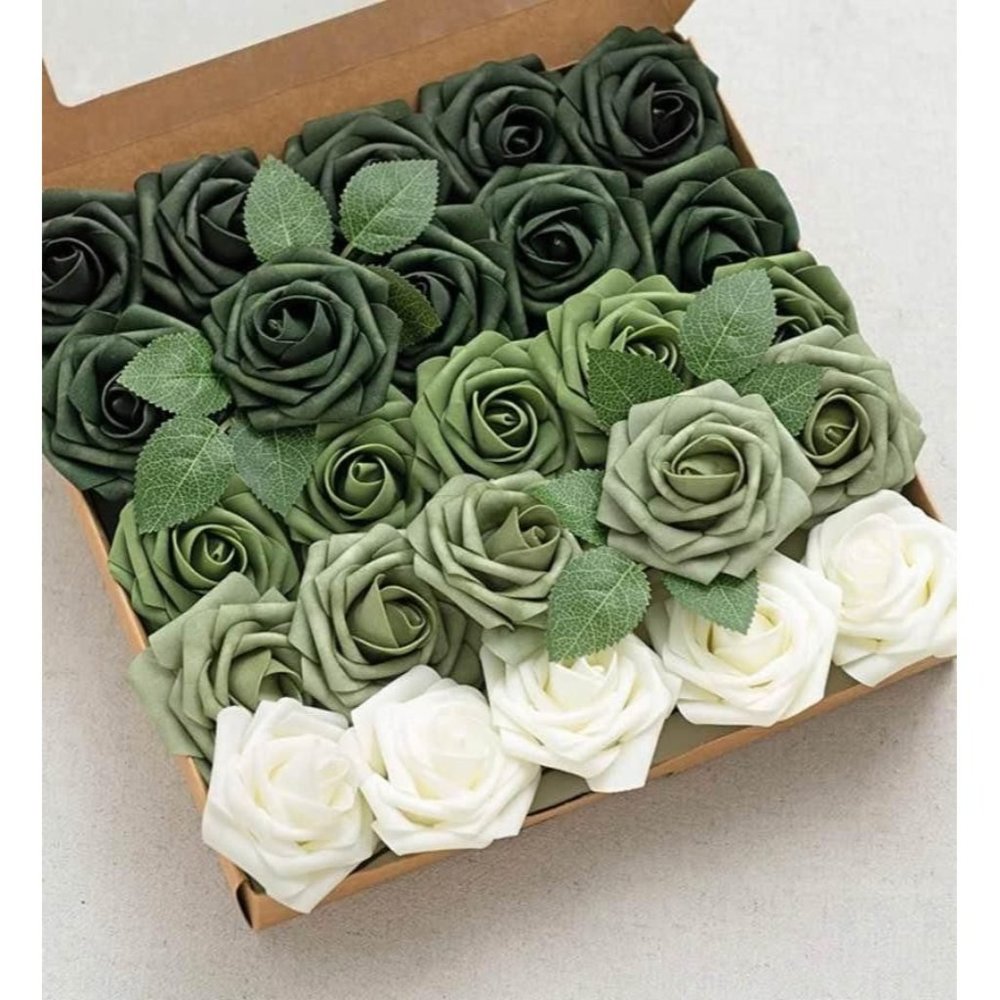 25 Count | Green Olive Tones & White Artificial Flowers Wedding Bouquet Roses - Picture 2 of 2
